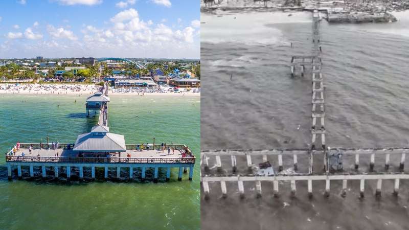 Muelle de Fort Myers Beach antes y después del huracán Ian.