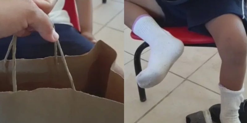 maestra le regala zapatos a su alumno