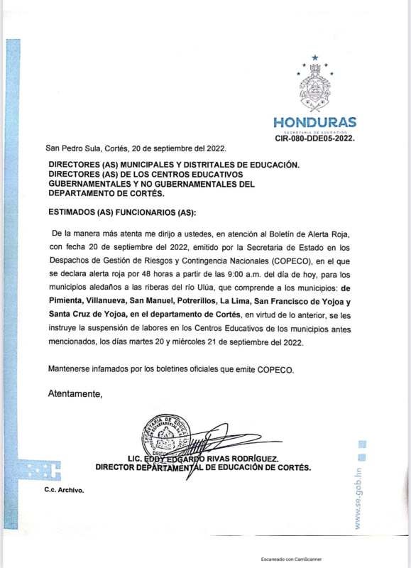 Comunicado de la Dirección Departamental de Educación de Cortés.