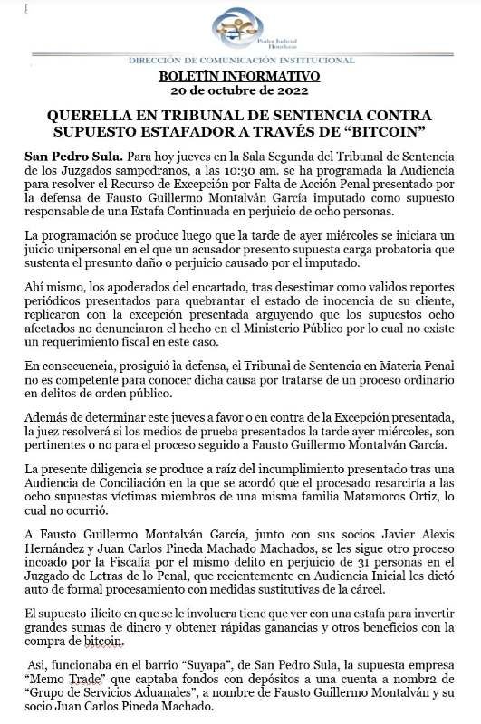 Comunicado del Poder Judicial de Honduras (PJ).