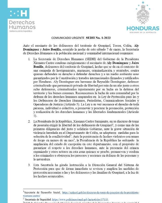 Comunicado de la Secretaría de Derechos Humanos de Honduras.