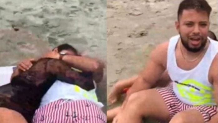 mujer encuntra a hombre con otra en la playa