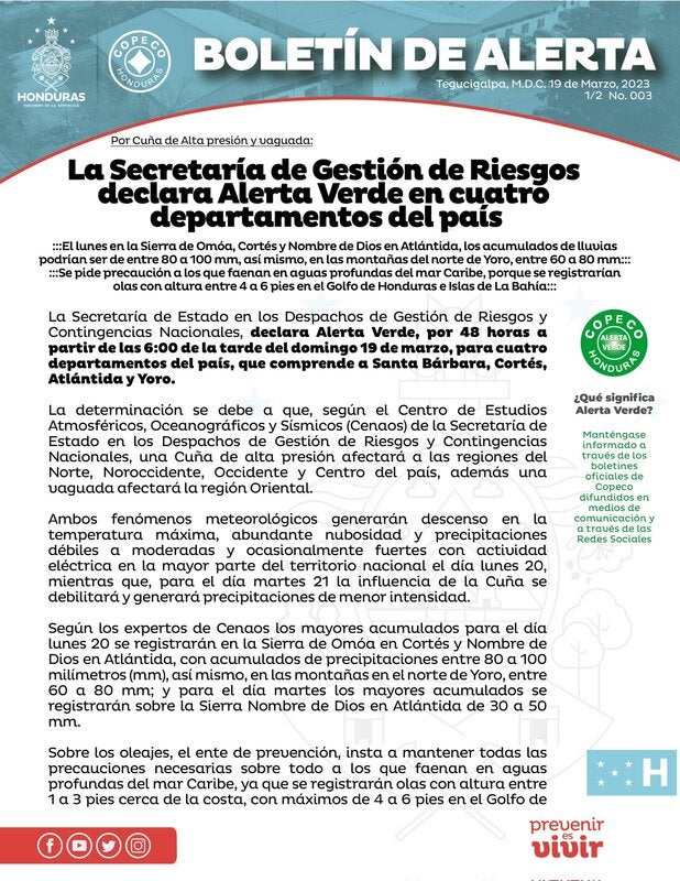 Copeco declares a green alert in four departments of Honduras