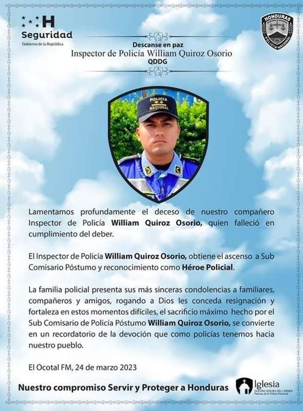 Nota de duelo de la Policía Nacional de Honduras.