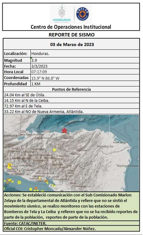 Reporte del sismo de hoy, viernes, 3 de marzo, compartido por la Comisión Permanente de Contingencias (COPECO).