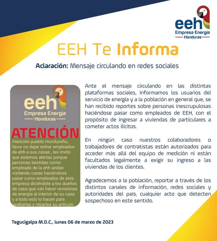 Documento de aclaración compartido por el Empresa Energía Honduras (EEH).