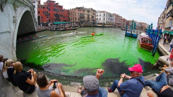 Las aguas del Gran Canal de Venecia se tiñen de verde fosforescente