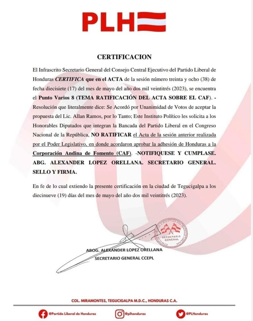  PL pide a su bancada no ratificar adhesión de Honduras al CAF