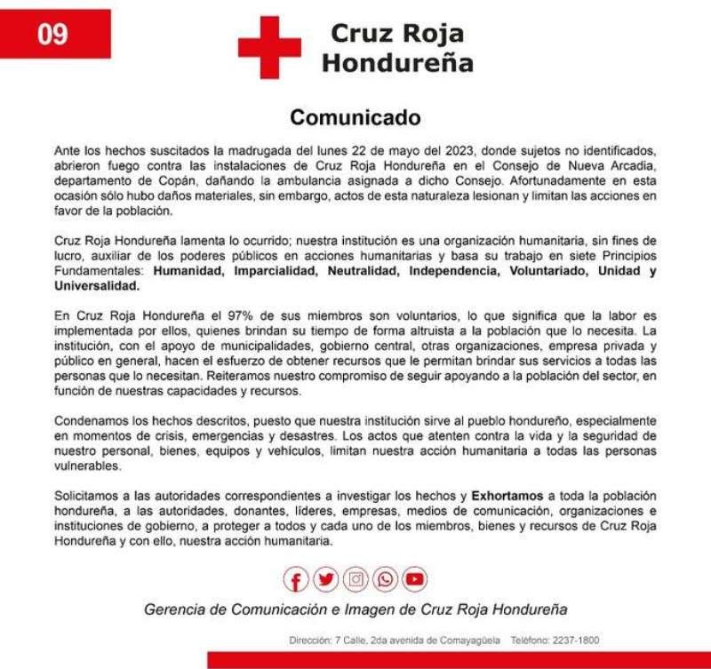 Comunicado de la Cruz Roja Hondureña.