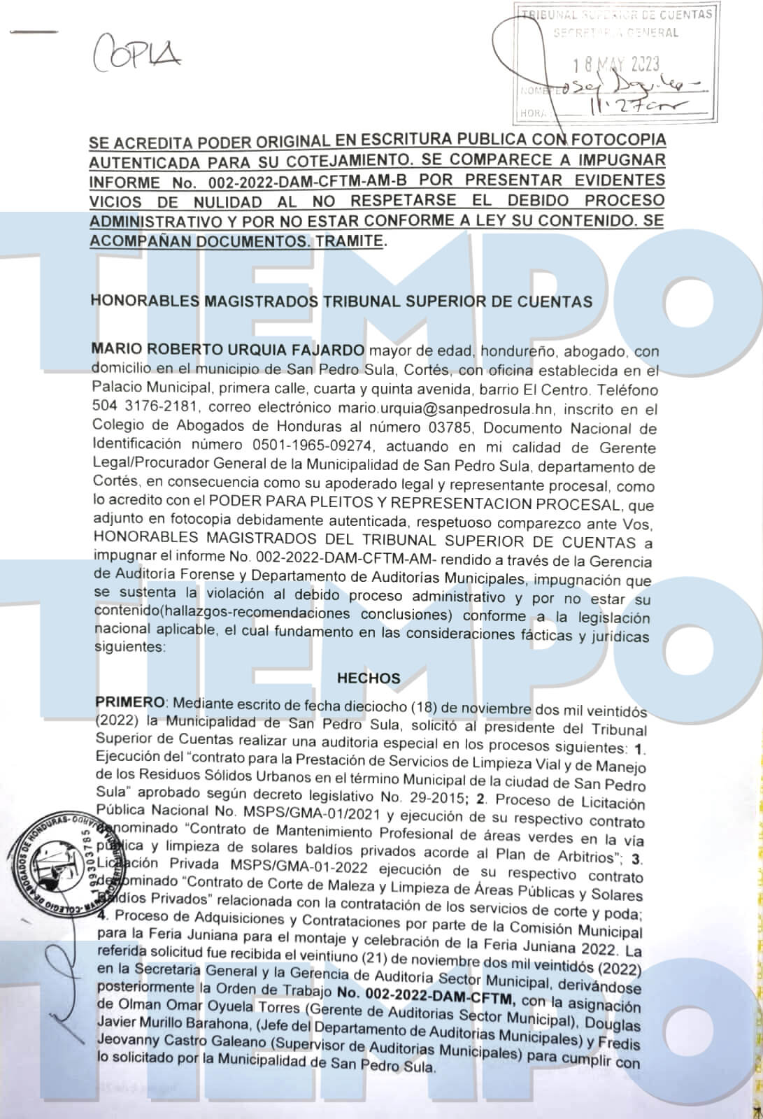 Documento de la impugnación de la Municipalidad de San Pedro Sula al informe del TSC.