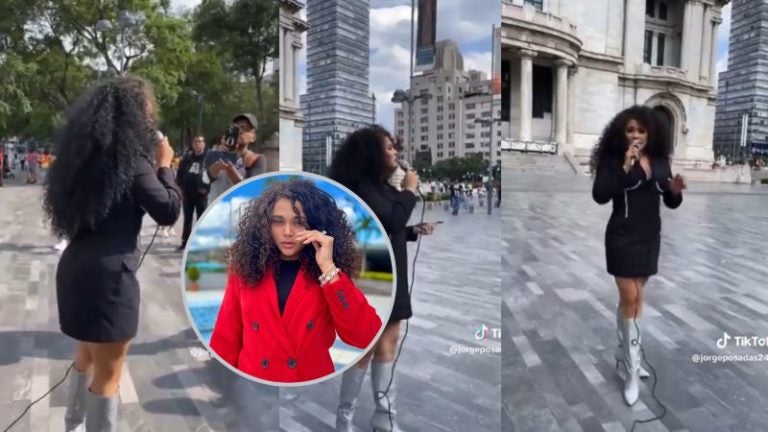 Cesia Sáenz cantando en la calle