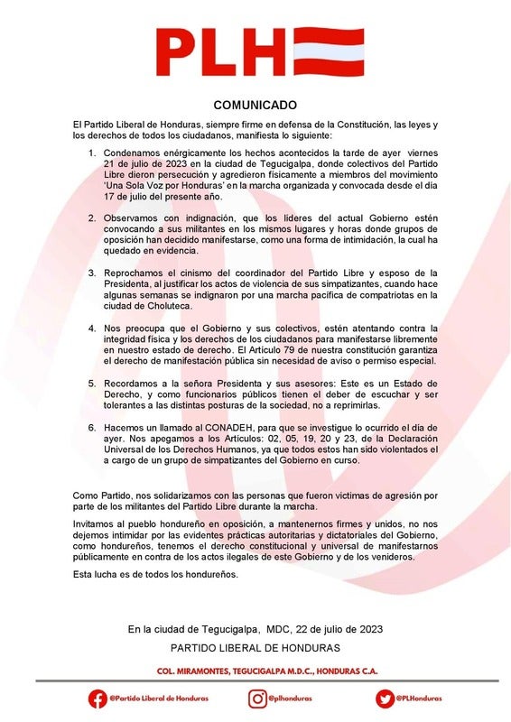 Partido Liberal condena violencia protesta 