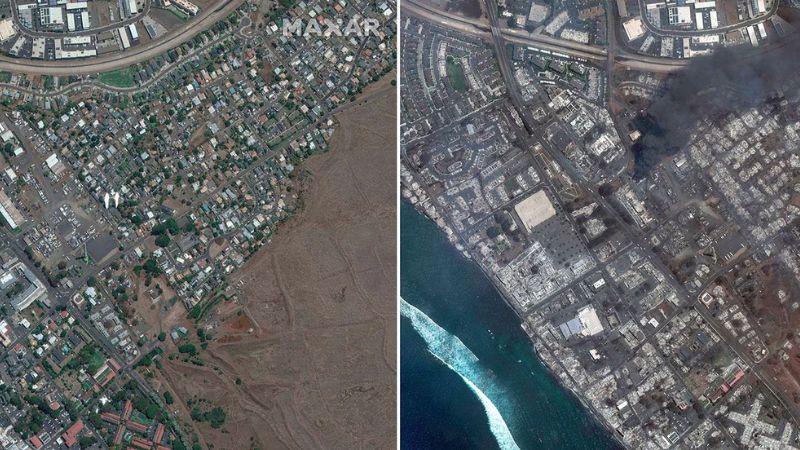 Imágenes satelitales del antes y el después de los incendios en Hawái