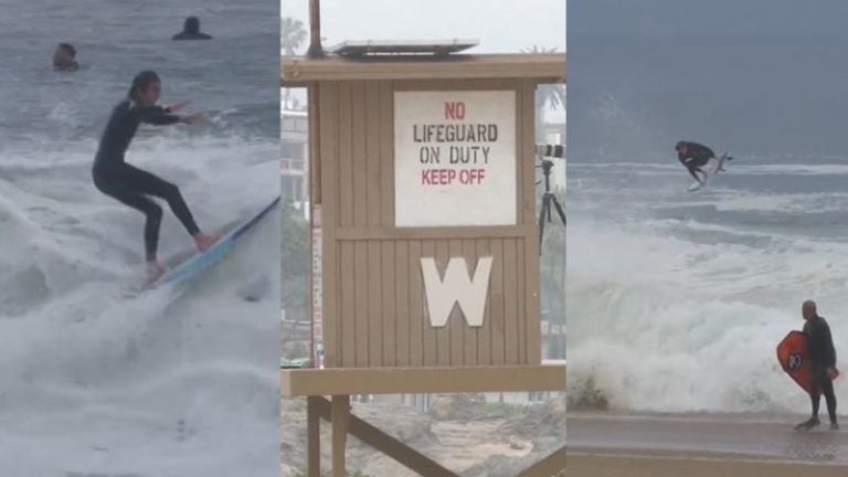 Surfistas "montan" enormes olas provocadas por el huracán Hilary