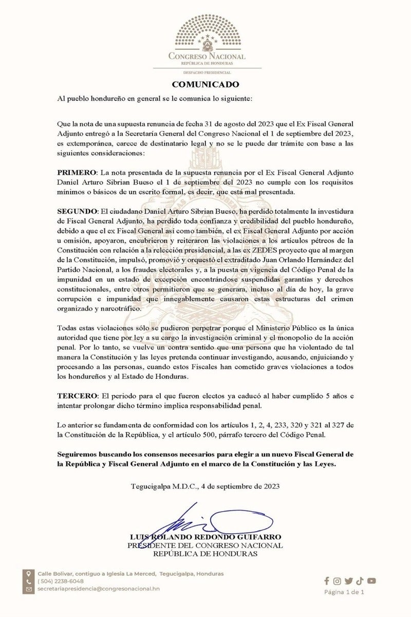 Rechazan carta de renuncia del fiscal general adjunto de Daniel Sibrián Bueso