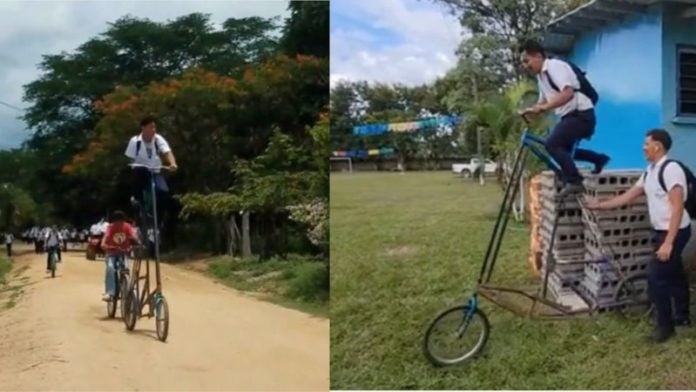 Estudiante se pasea en peculiar bicicleta de unos dos metros