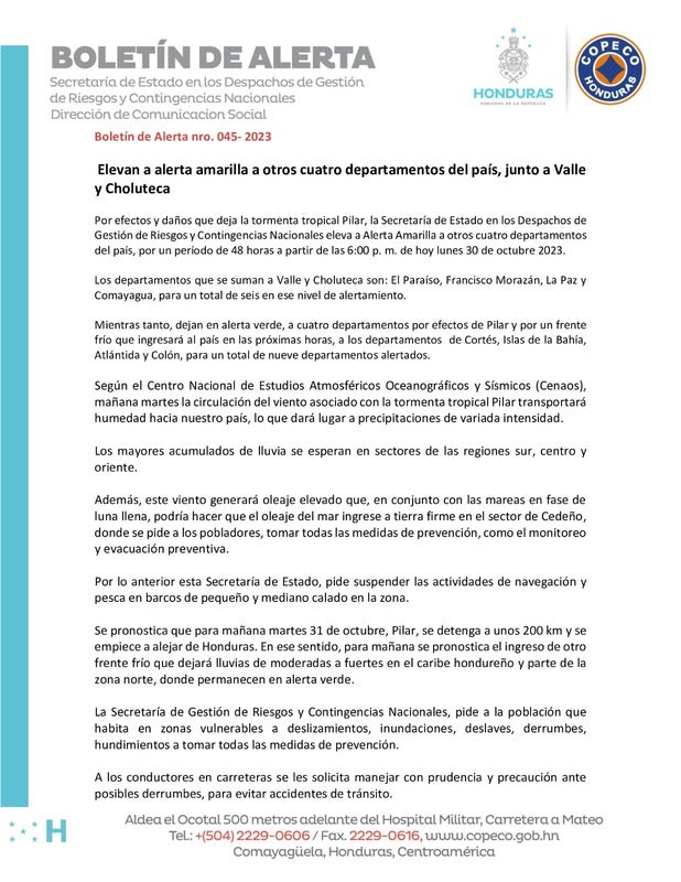 Elevan a alerta amarilla cuatro departamentos más del país