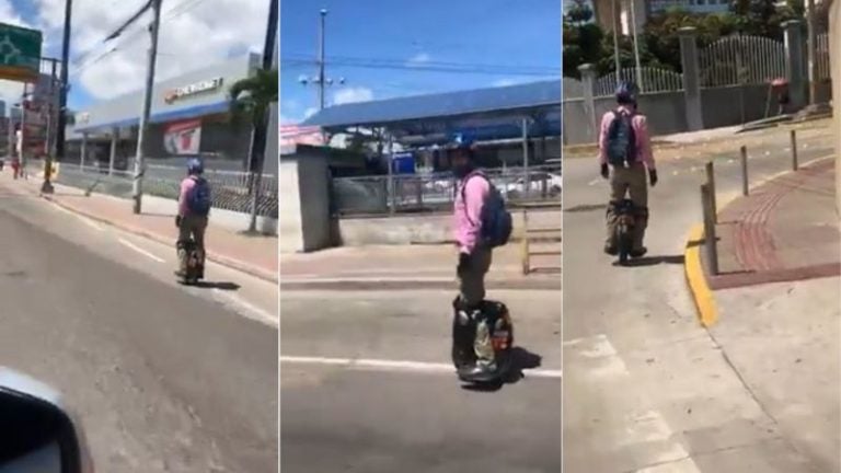 joven en peculiar medio de transporte