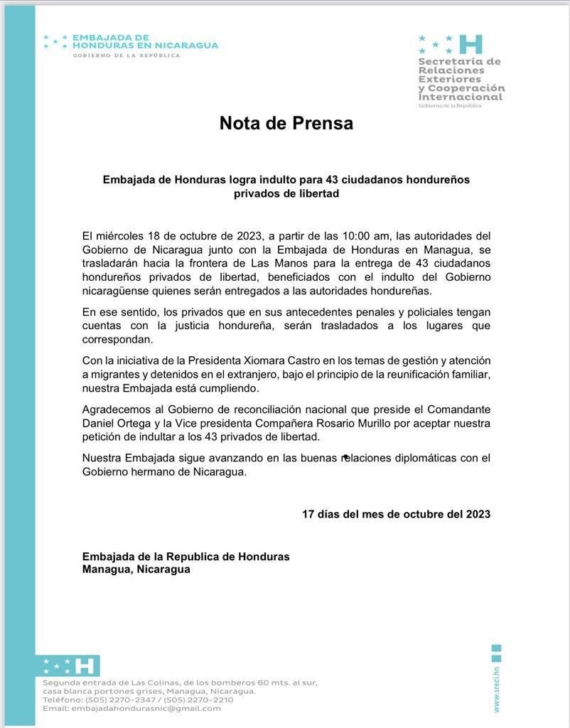 Logran indulto para 43 hondureños privados de libertad en Nicaragua