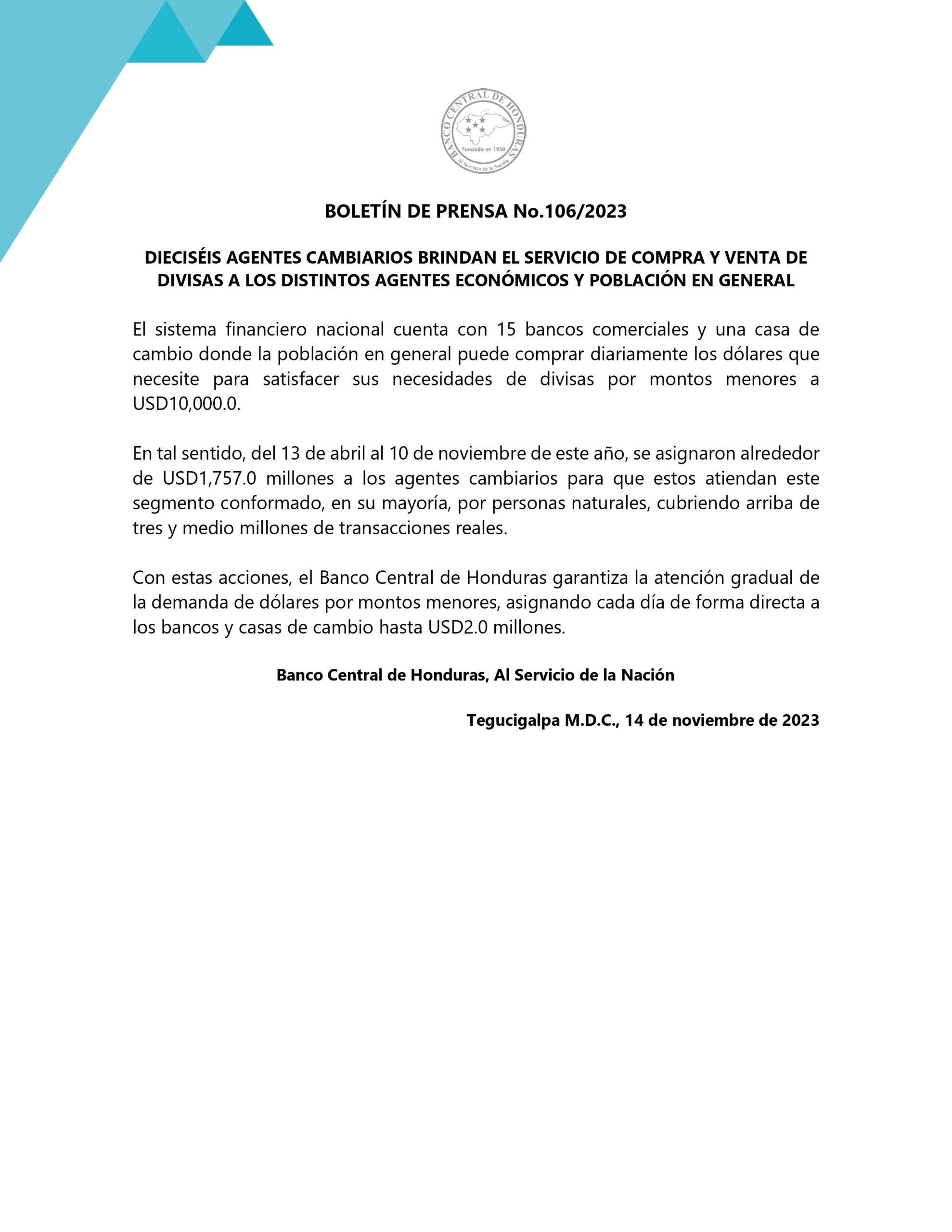 Comunicado del BCH 