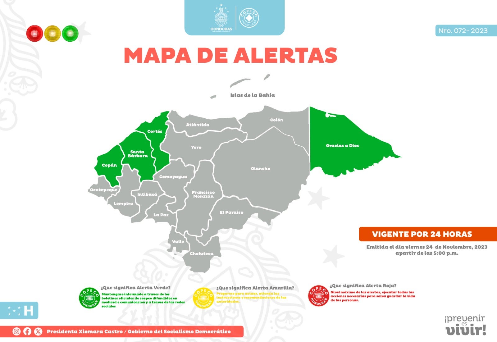Cuatro departamentos continúan en alerta verde durante 24 horas