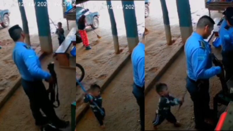 Viralizan niño por golpear con un palo de escoba a policía