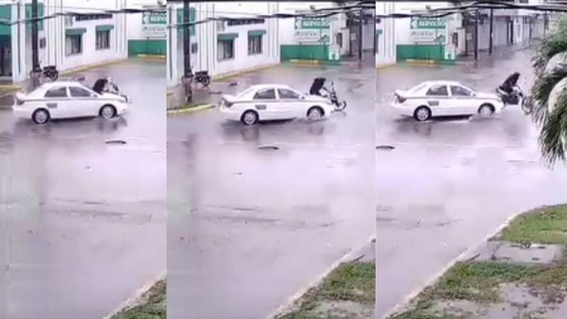 Durante temporal lluvioso captan a taxista arrollar a motociclista en La Ceiba
