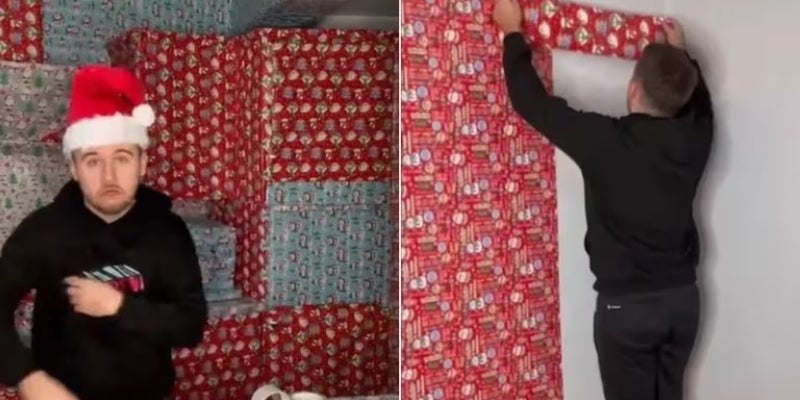 Joven envuelve su casa con papel de regalo