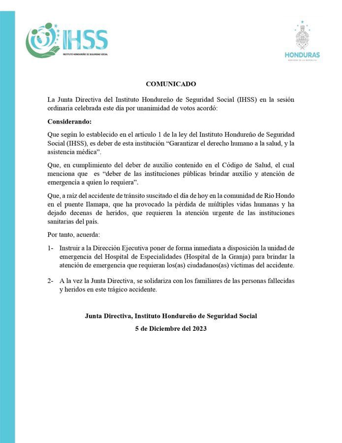 IHSS habilita sala de emergencia para atender heridos de accidente en carretera a Olancho