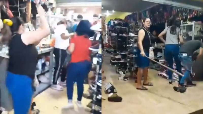 Mujeres peleando en tienda de zapatos