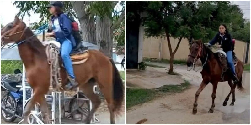 joven se va en caballo a la escuela