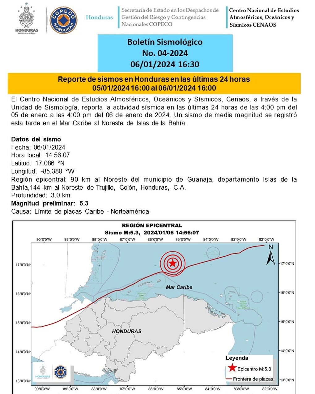 Registran sismo de magnitud 5.3 al noreste de Guanaja