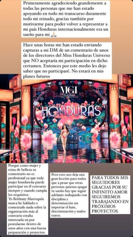 Britthany Marroquín renuncia al Miss Honduras