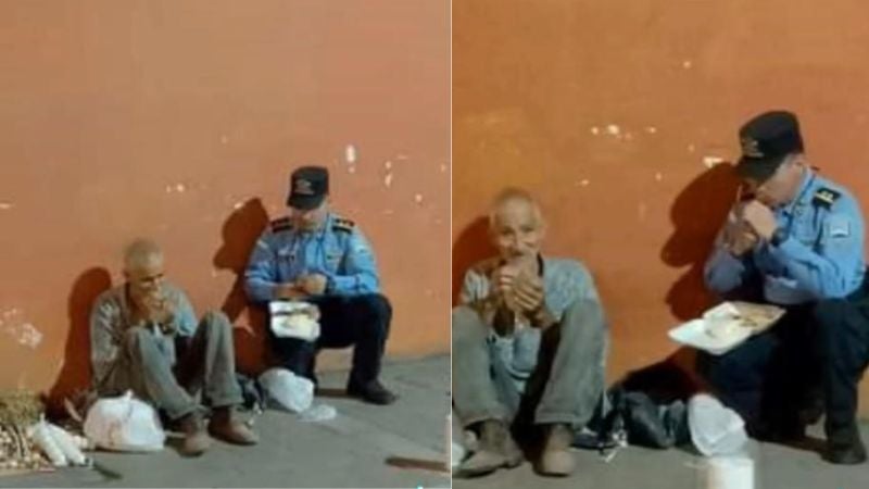 policía hondureño compartiendo con anciano