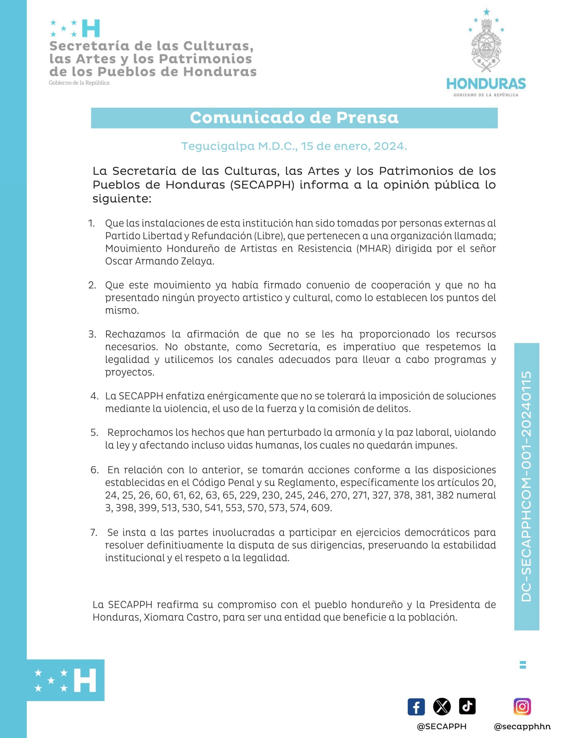 Comunicado de la Secretaría de las Culturas, las Artes y los Patrimonios de los Pueblos de Honduras (SECAPPH), 