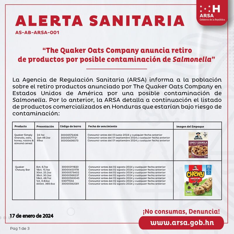 ARSA anuncia el retiro de varios productos por posible contaminación de Salmonela