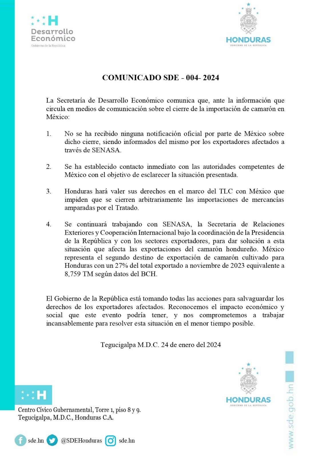 Desarrollo Económico niega haber recibido notififaciones del cierre de fronteras al camarón hondureño