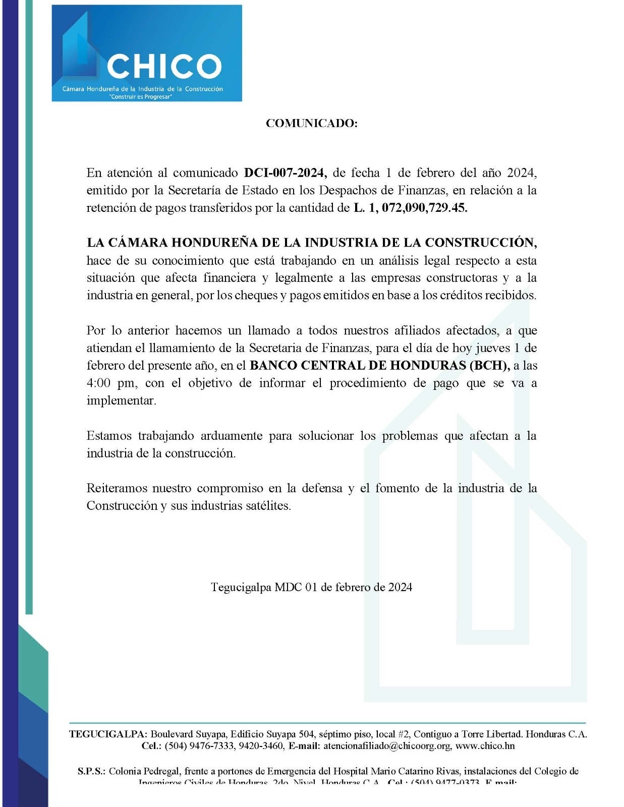 CHICO analiza legalmente impacto sobre retención de pagos a contratistas por la Sefín