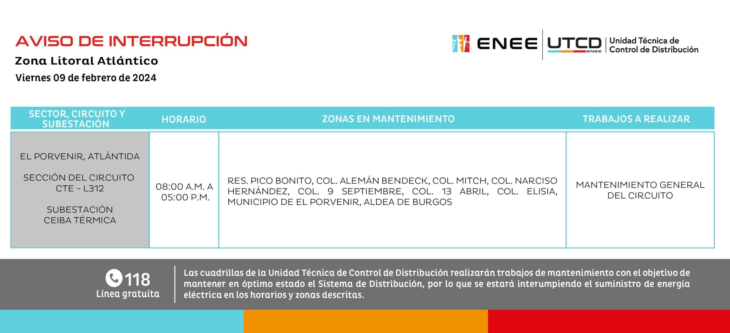 Programan cortes de energía en zonas de Cortes y Atlántida 