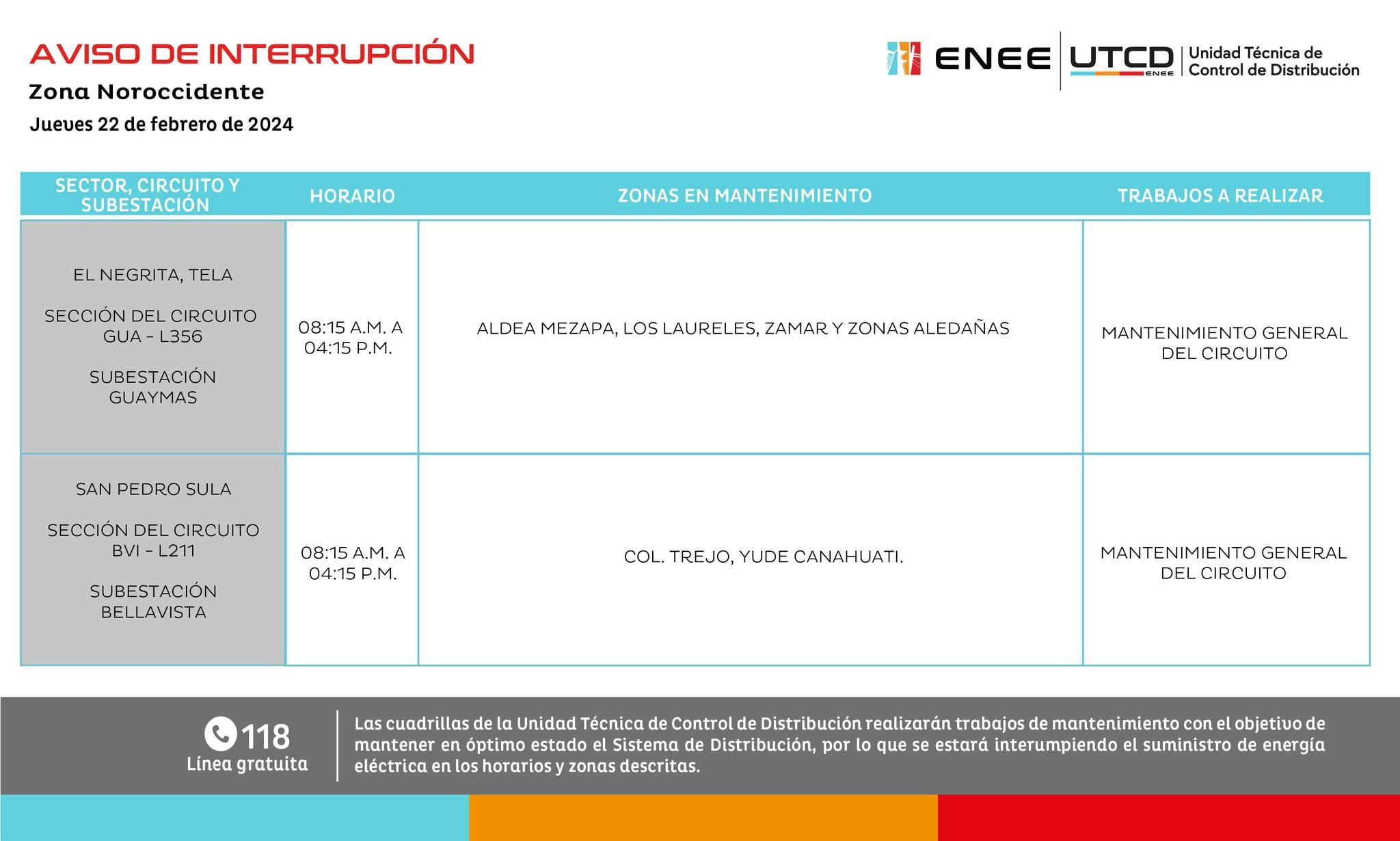 Cortes de energía jueves 22 de febrero de 2024