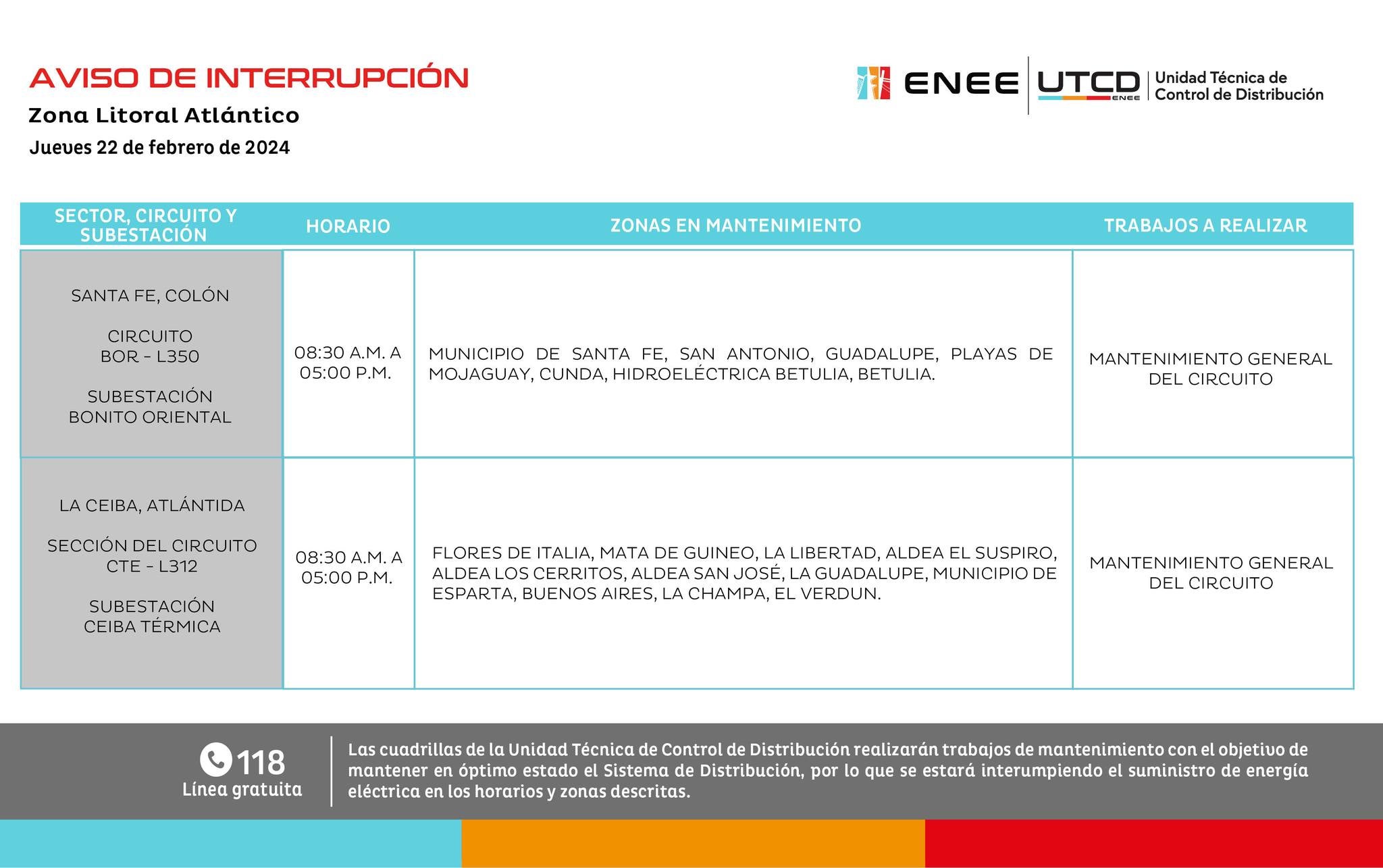 Cortes de energía jueves 22 de febrero de 2024