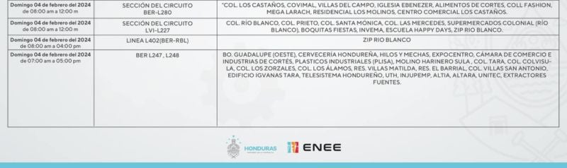 Programan cortes de energía en varios sectores de Cortés 