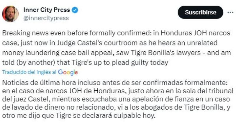 El Tigre Bonilla se estaría declarando culpable en las próximas horas