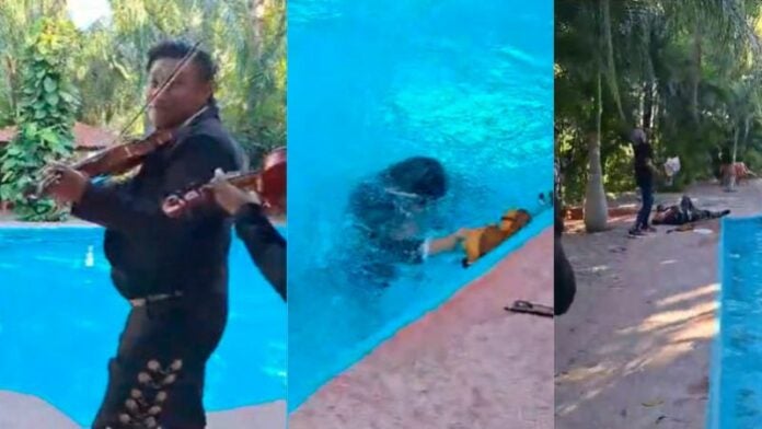 Mariachi cae con todo y violín a una piscina en pleno evento