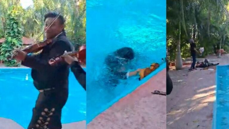 Mariachi cae con todo y violín a una piscina en pleno evento