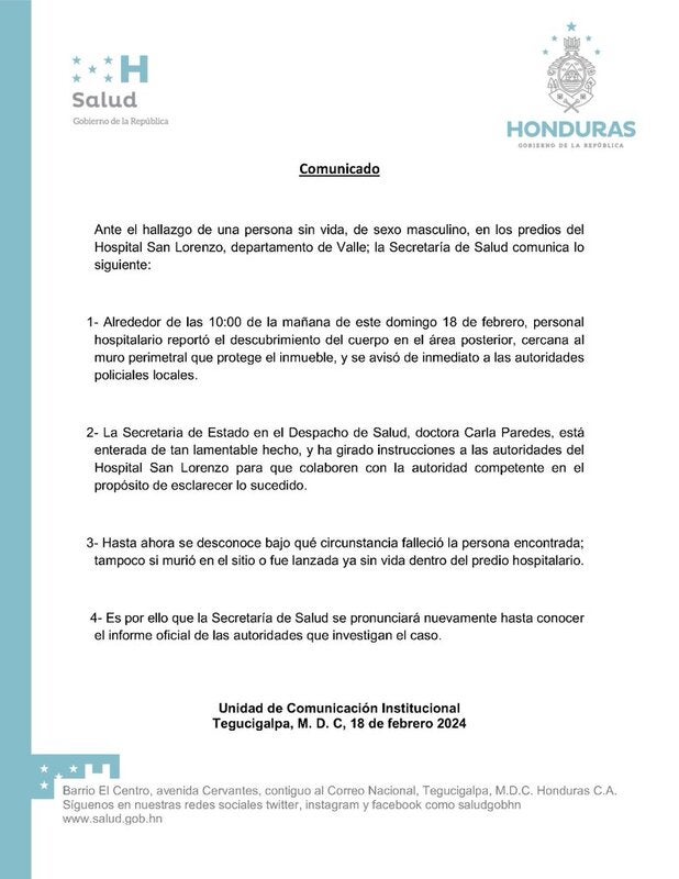 SESAL a clara la situación sobre el hallazgo de un cuerpo sin vida de una persona cerca del Hospital de San Lorenzo 