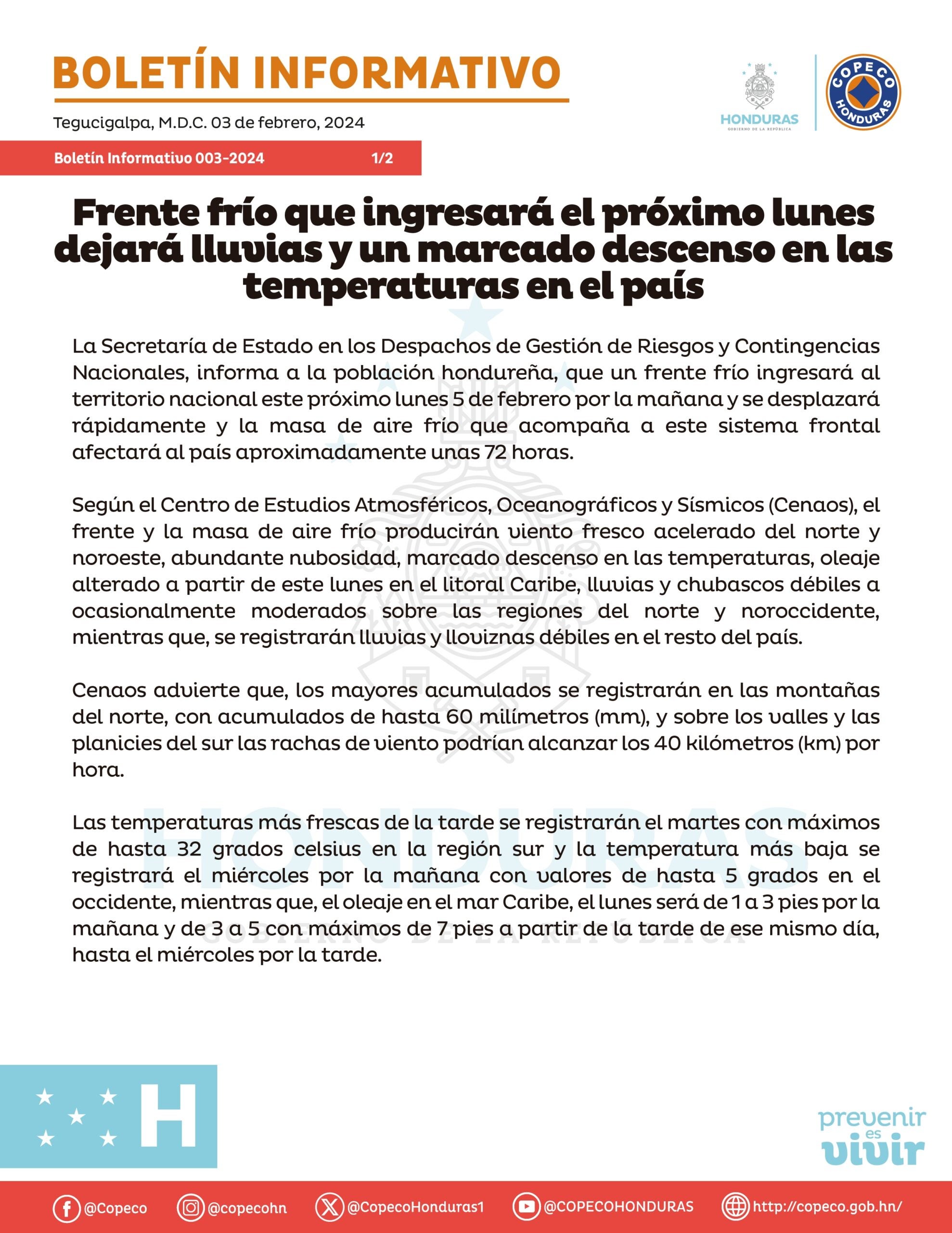 Frente frío ingresará al territorio hondureño este lunes