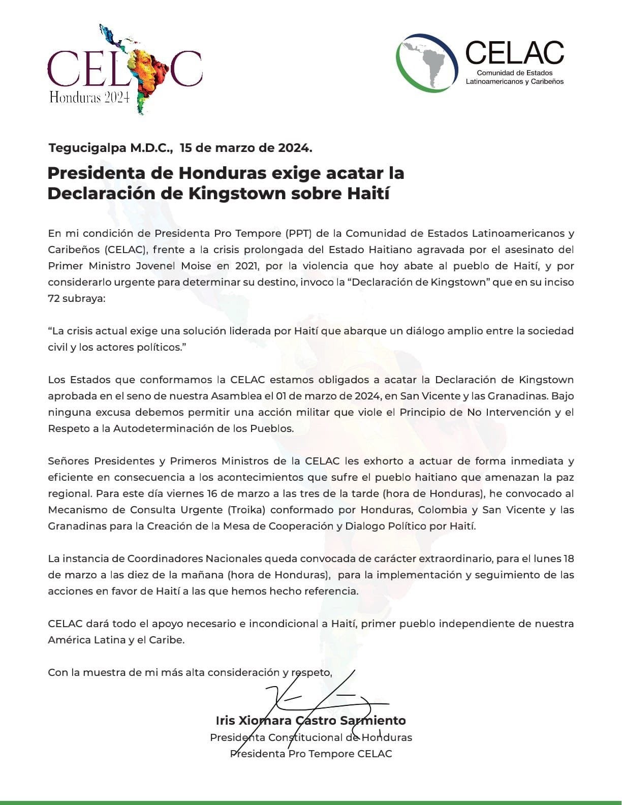 Presidenta Castro exige acatar la “Declaración de Kingstown” sobre Haití