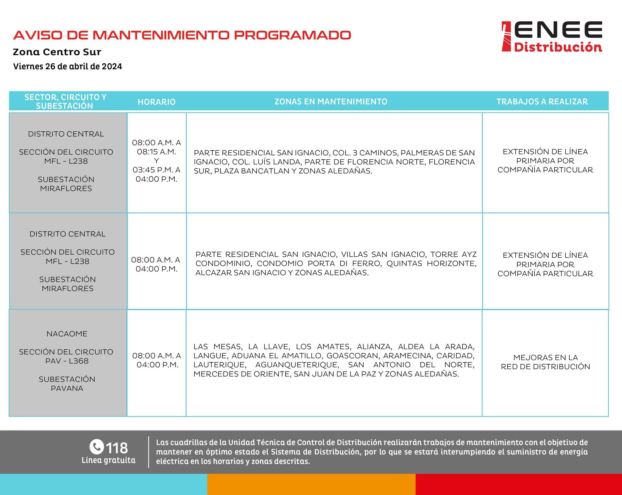ENEE anuncia cortes de energía en Francisco Morazán, Cortés y Colón