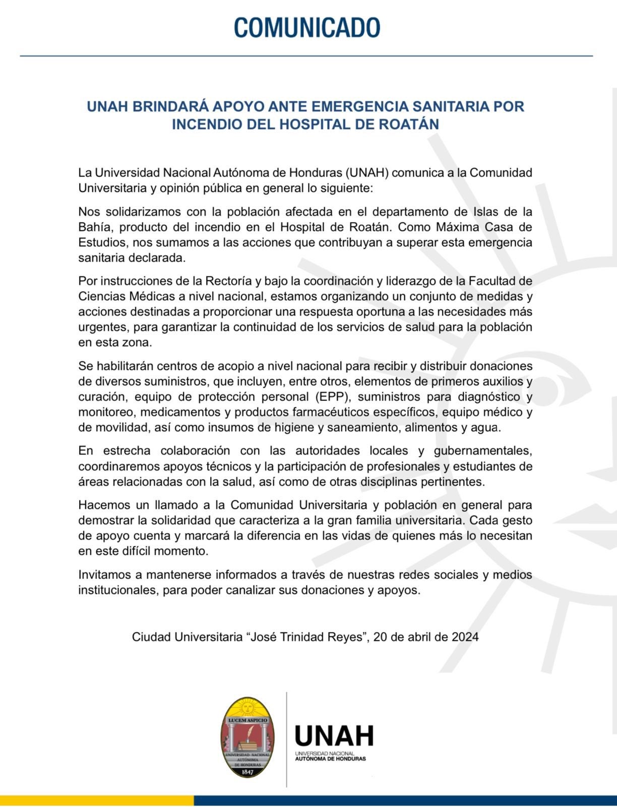 Comunicado de la UNAH.